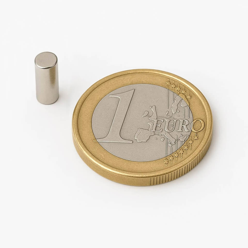 Aimant cylindrique Ø4 x 10mm nickelé, magnétisation diamétrale 48 Aimant cylindrique Ø4 x 10mm nickelé, magnétisation diamétrale